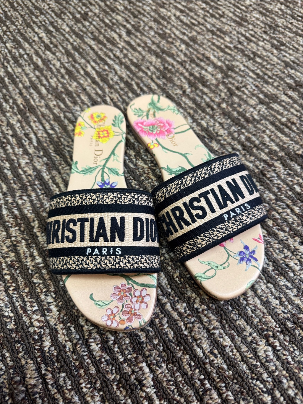 Dior Black And Beige Logo Floral Slide Sandals